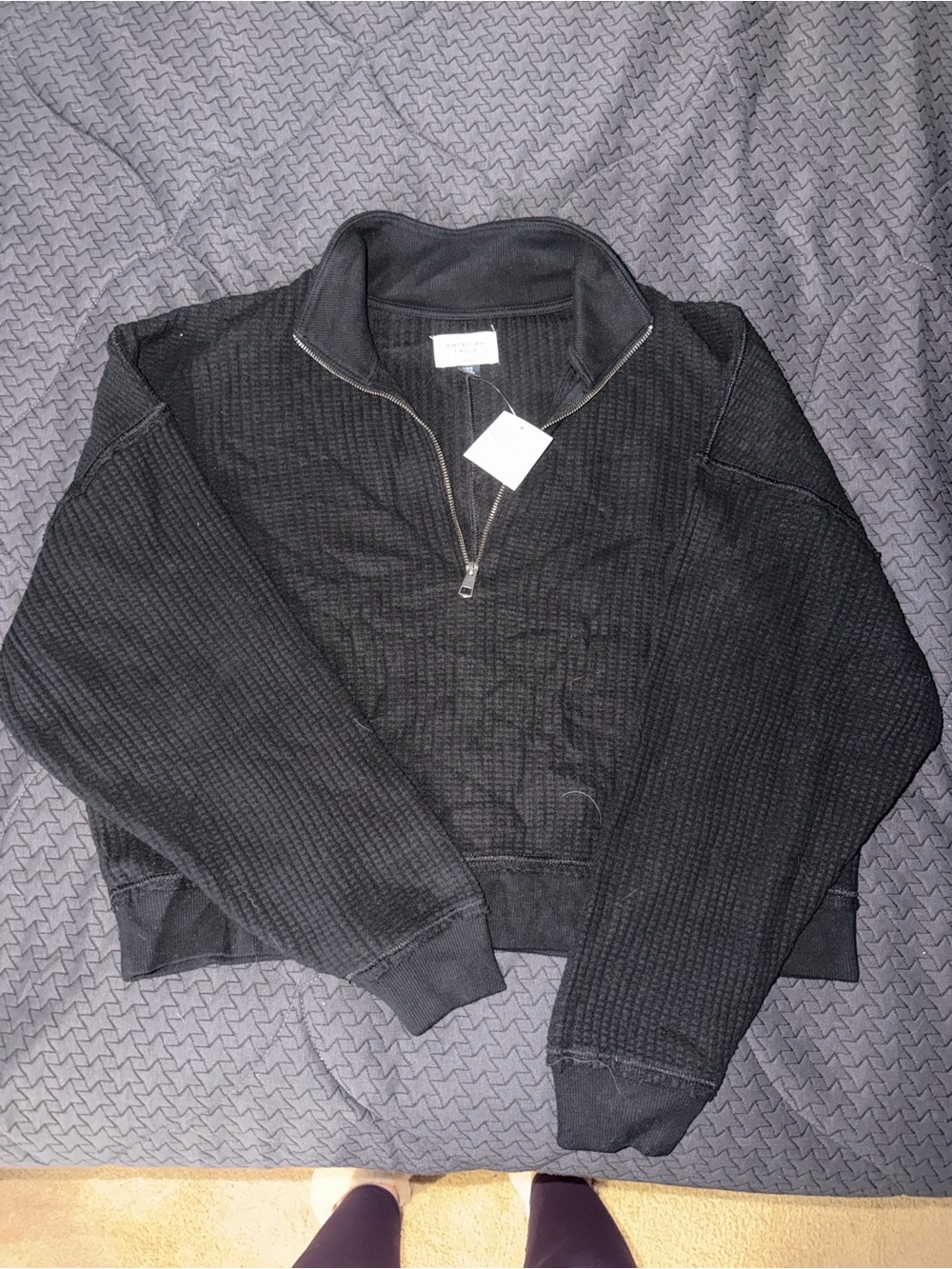 American Eagle Outfitters Black V-Neck Waffle Quarter-Zip Sweater